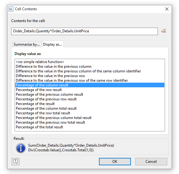 dialog for adding result cells