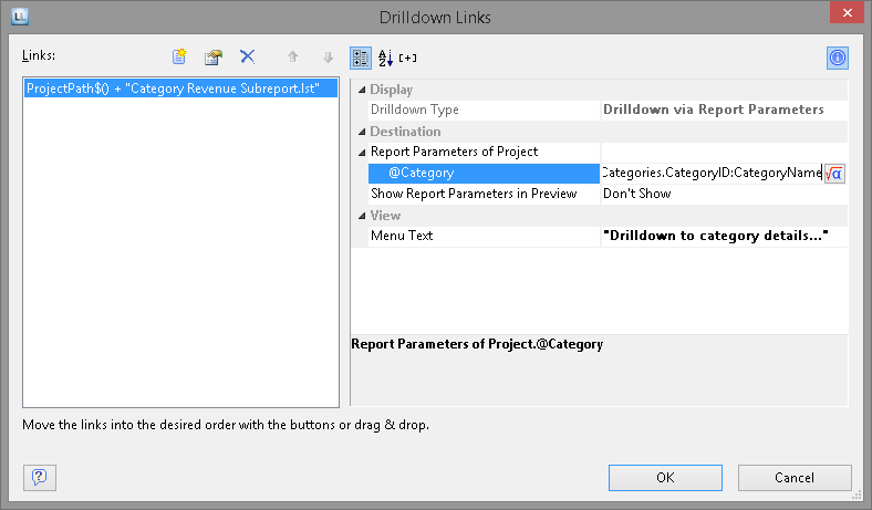 dialog drilldown links