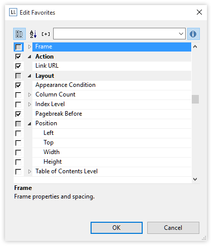 Editting options for favorites in report designer