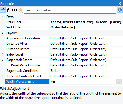 Report Properties for Subreport