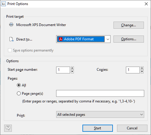 Print Option Dialog LL 25