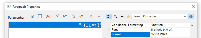 use of "=TODAY()" formula in a text object