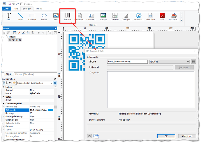 Barcode-Objekt im Report Designer