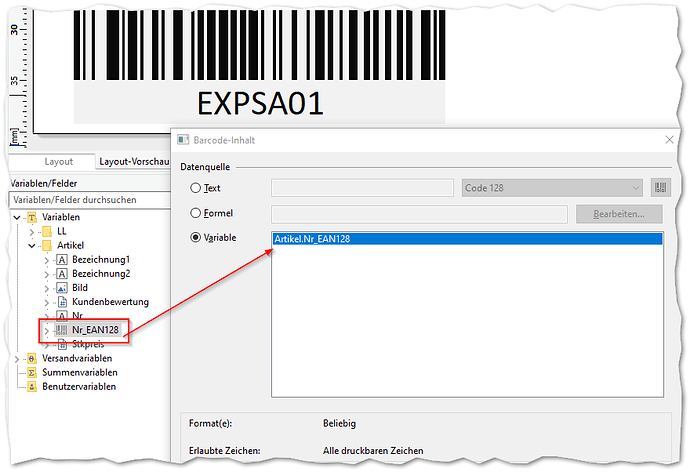 Verwendung von Barcodes als Variable
