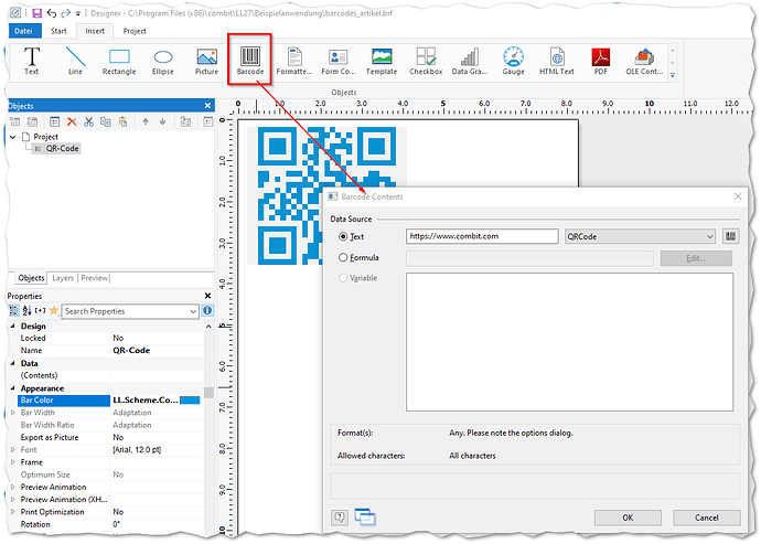 using a static text to create barcodes