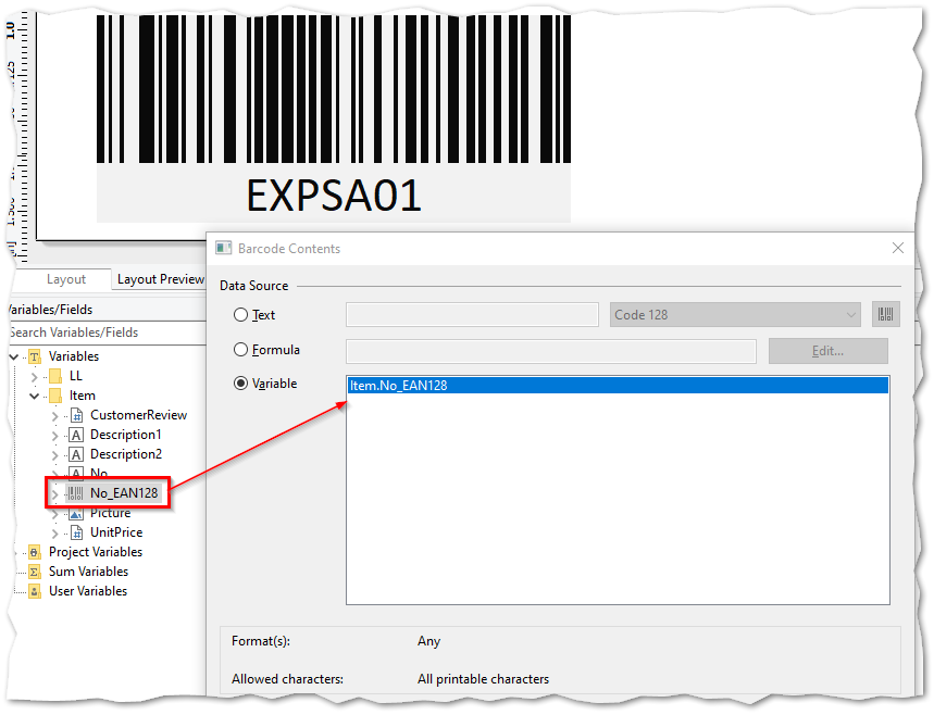 use a variable to create a barcode