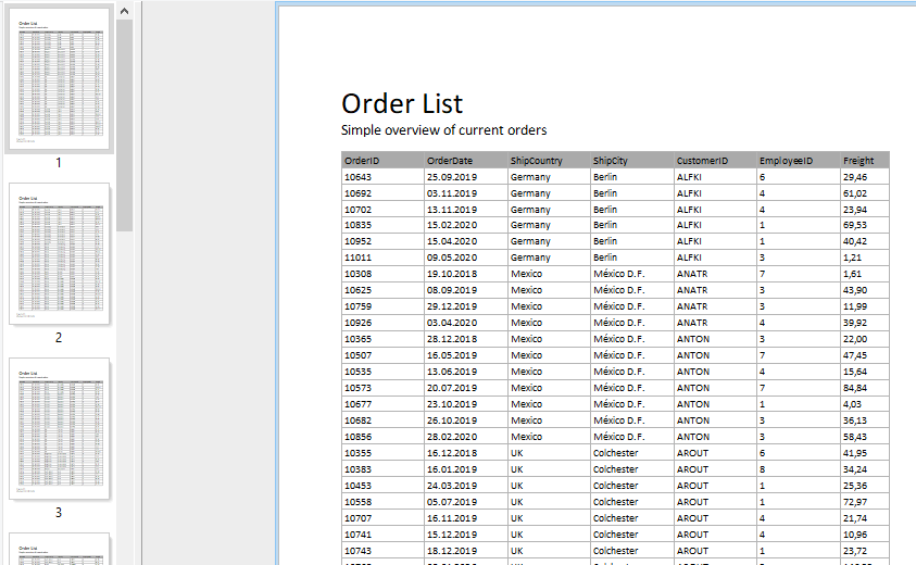 json order list export format